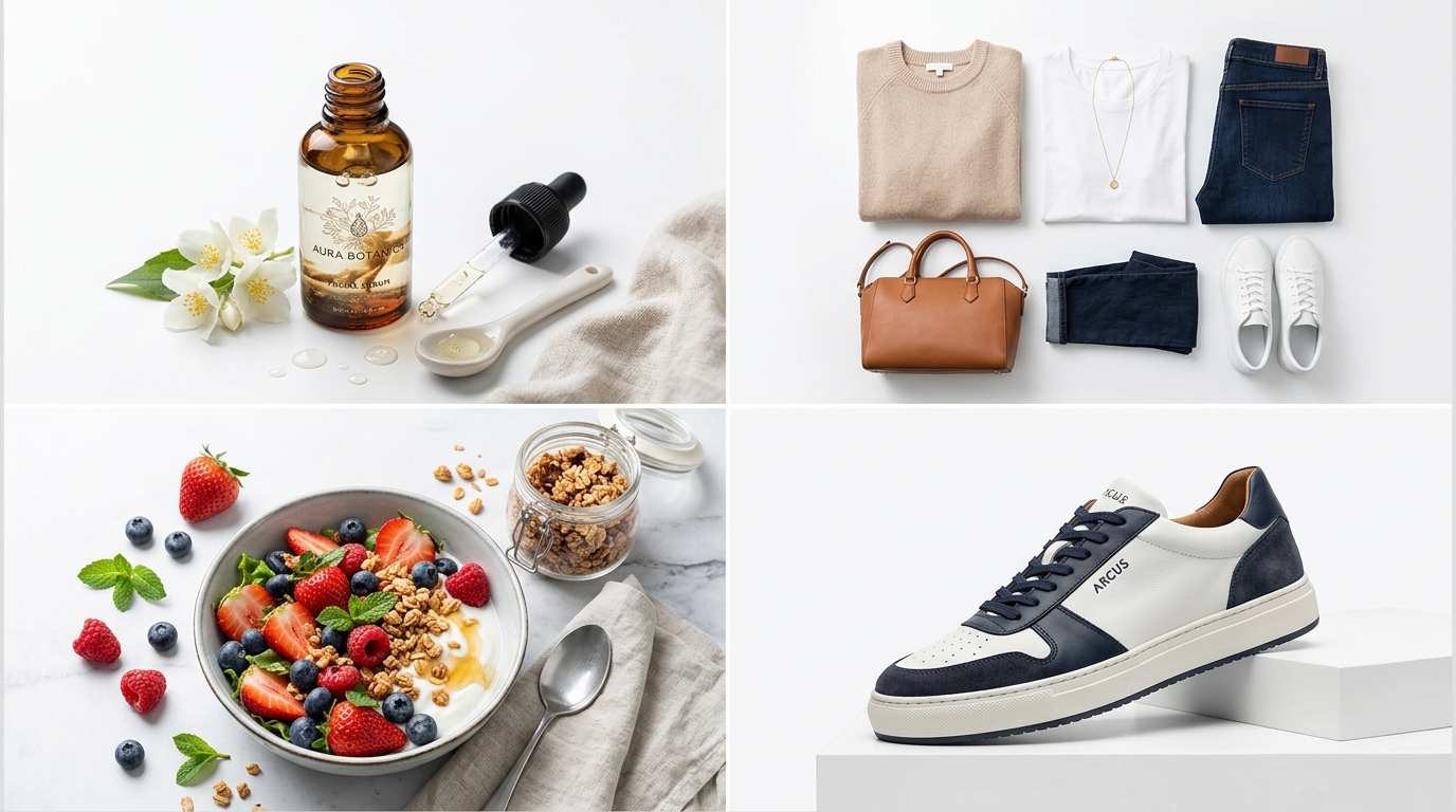 Product photography portfolio across skincare, clothing, food, and footwear categories