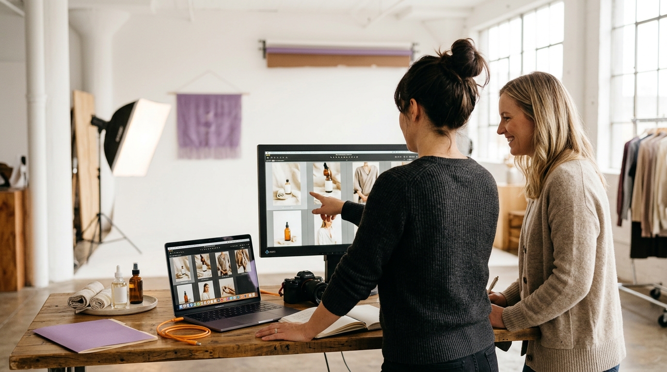 Client consultation during a product photography session at Ahsan Art Creative Studio