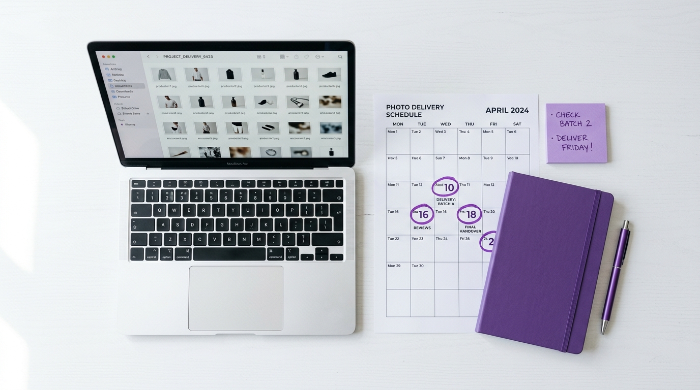 Organized product photo delivery and turnaround timeline for e-commerce brands